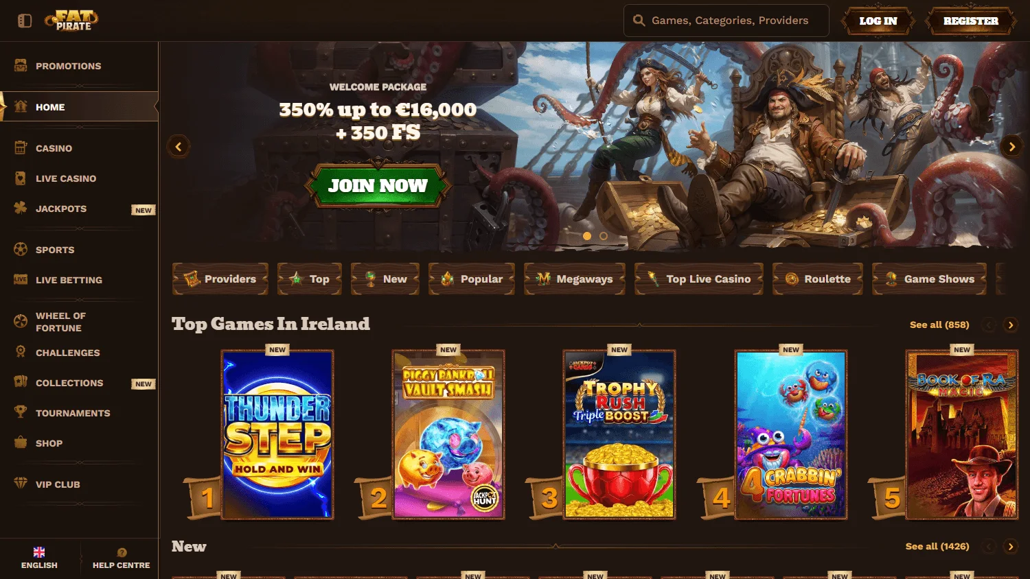 Fatpirate Casino desktop home interface with casino categories and featured games